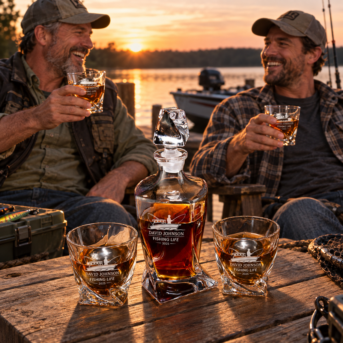 Gift for Fishermen – Twisted Decanter Set with 2 Glasses, 2 Whiskey Balls & Wooden Box product image