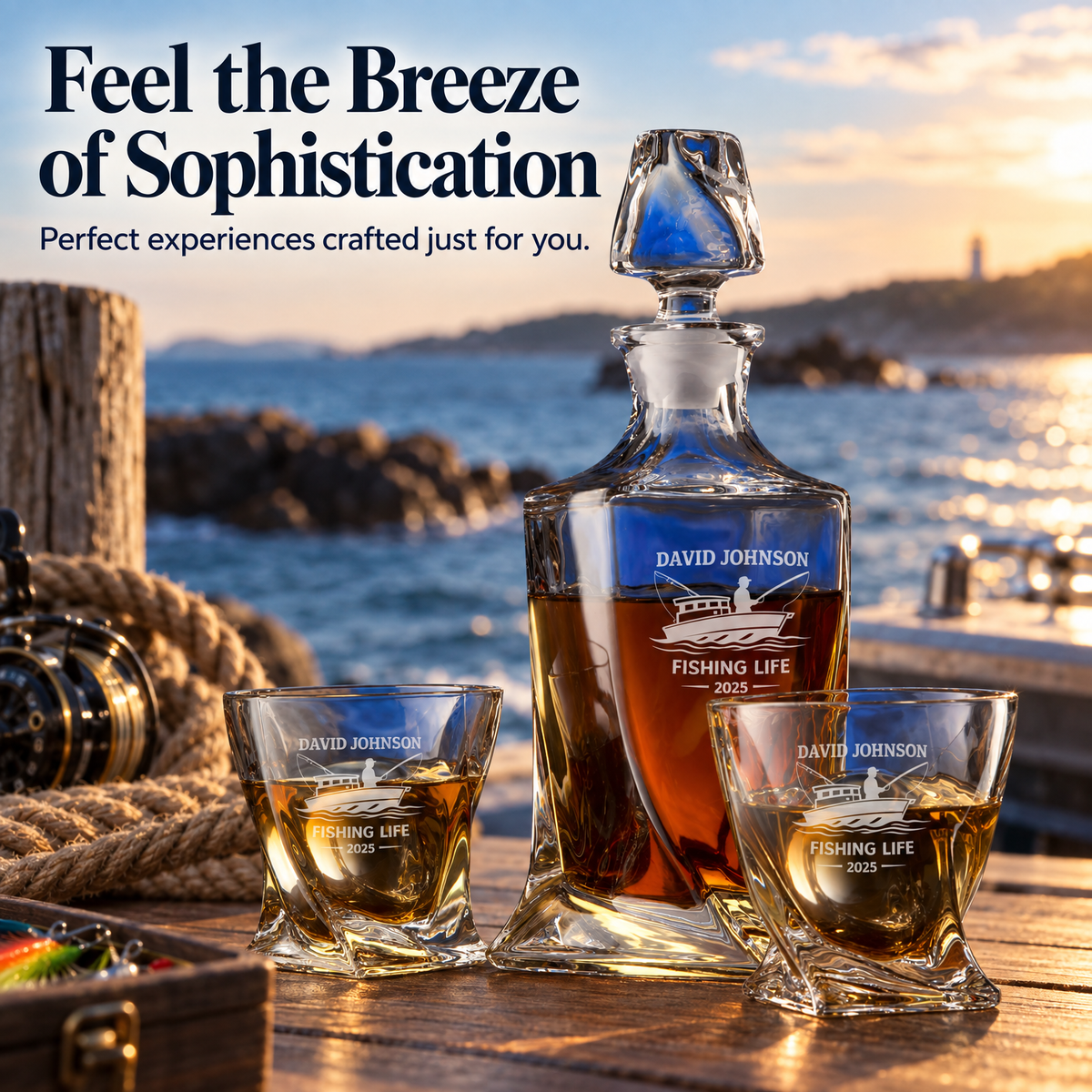 Gift for Fishermen – Twisted Decanter Set with 2 Glasses, 2 Whiskey Balls & Wooden Box product image