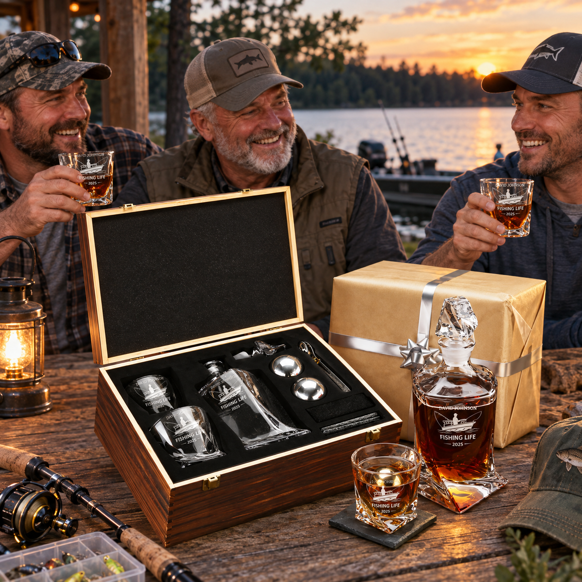 Gift for Fishermen – Twisted Decanter Set with 2 Glasses, 2 Whiskey Balls & Wooden Box product image
