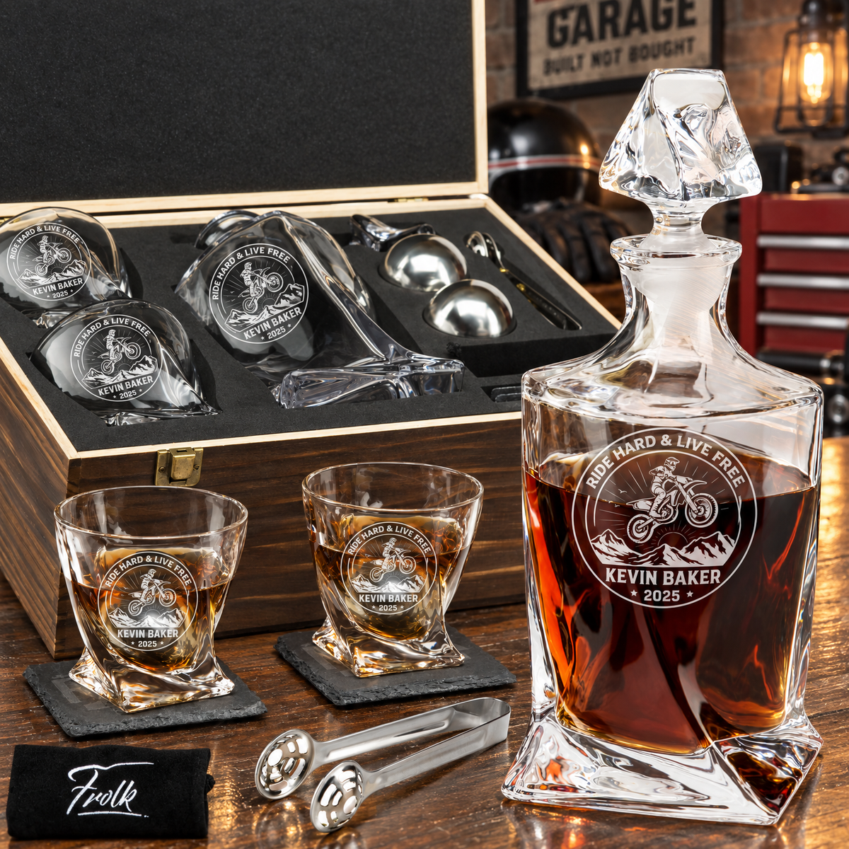 Gift for Car & Motorcycle Enthusiasts – Twisted Decanter Set with 2 Glasses, 2 Whiskey Balls & Wooden Box product image
