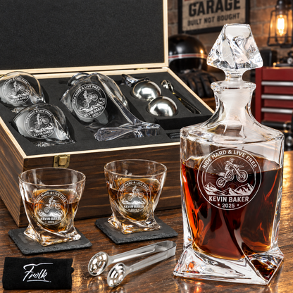 Gift for Car & Motorcycle Enthusiasts – Twisted Decanter Set with 2 Glasses, 2 Whiskey Balls & Wooden Box – image 01