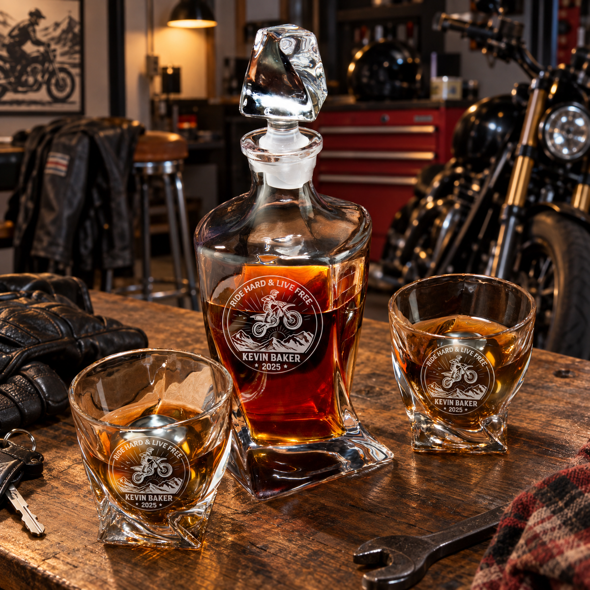 Gift for Car & Motorcycle Enthusiasts – Twisted Decanter Set with 2 Glasses, 2 Whiskey Balls & Wooden Box product image
