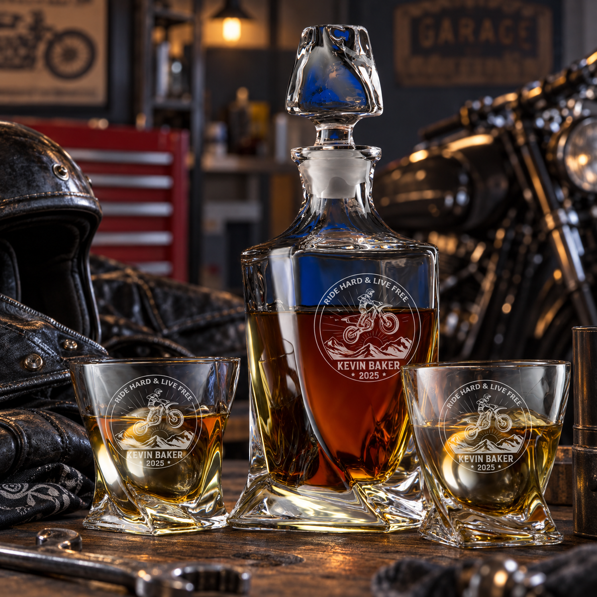 Gift for Car & Motorcycle Enthusiasts – Twisted Decanter Set with 2 Glasses, 2 Whiskey Balls & Wooden Box – image 08