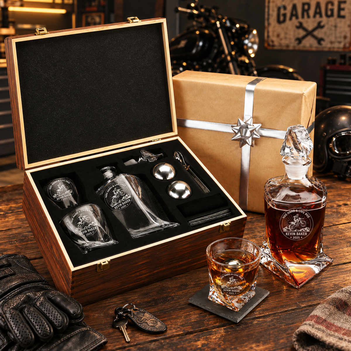 Gift for Car & Motorcycle Enthusiasts – Twisted Decanter Set with 2 Glasses, 2 Whiskey Balls & Wooden Box – image 10