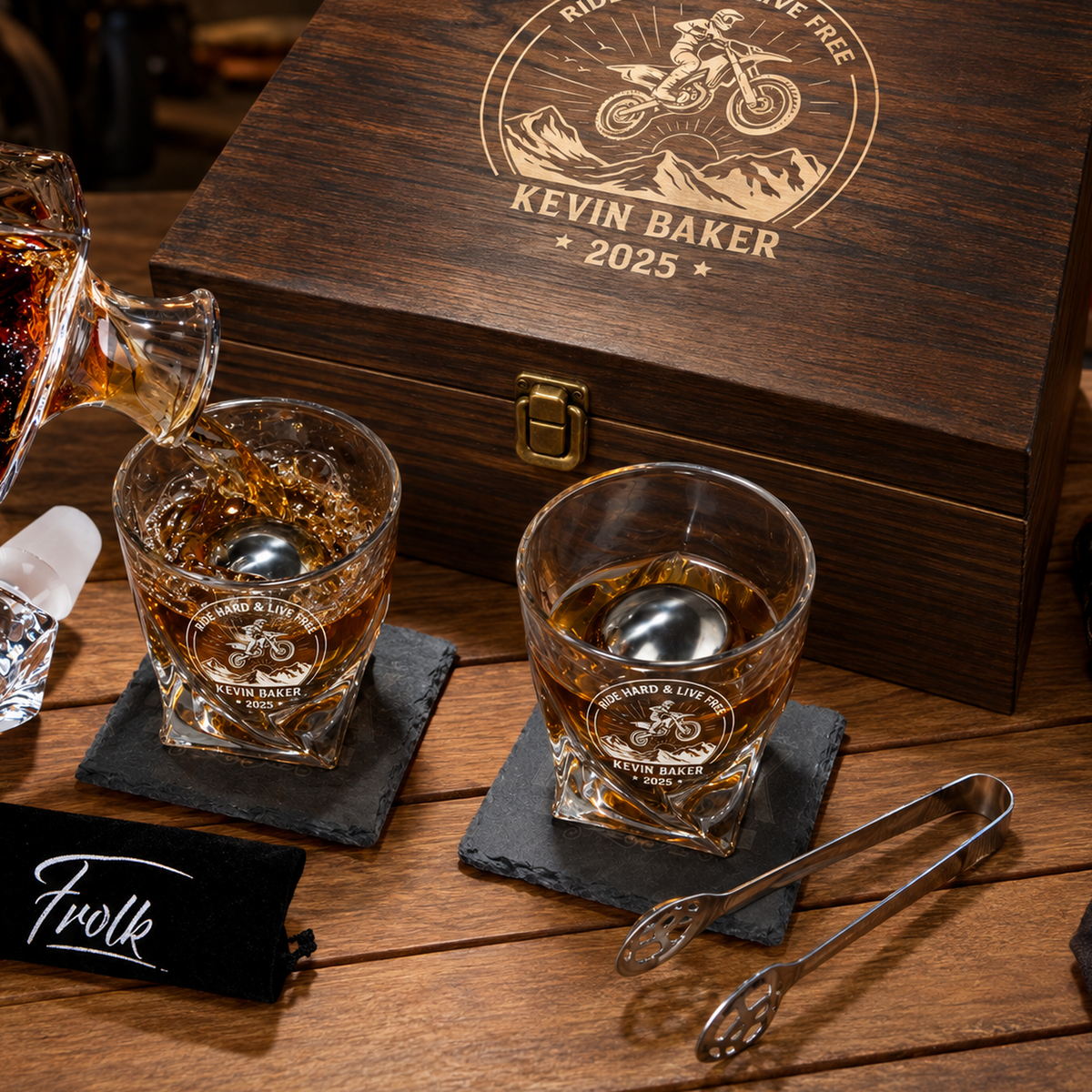 Gift for Car & Motorcycle Enthusiasts – Twisted Decanter Set with 2 Glasses, 2 Whiskey Balls & Wooden Box – image 14
