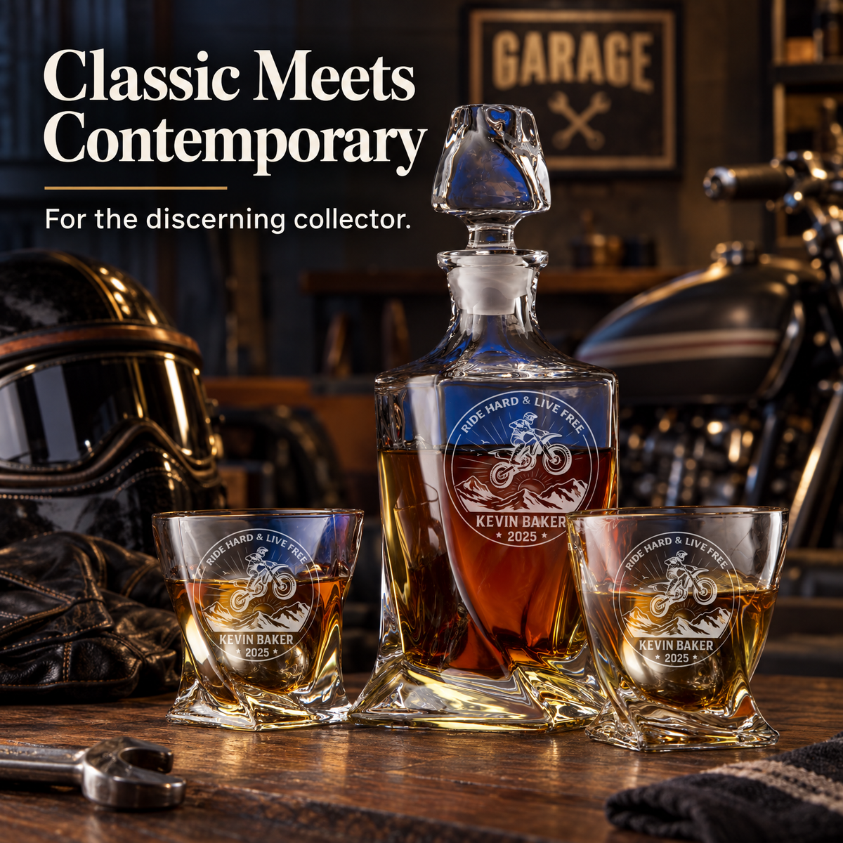 Gift for Car & Motorcycle Enthusiasts – Twisted Decanter Set with 2 Glasses, 2 Whiskey Balls & Wooden Box product image