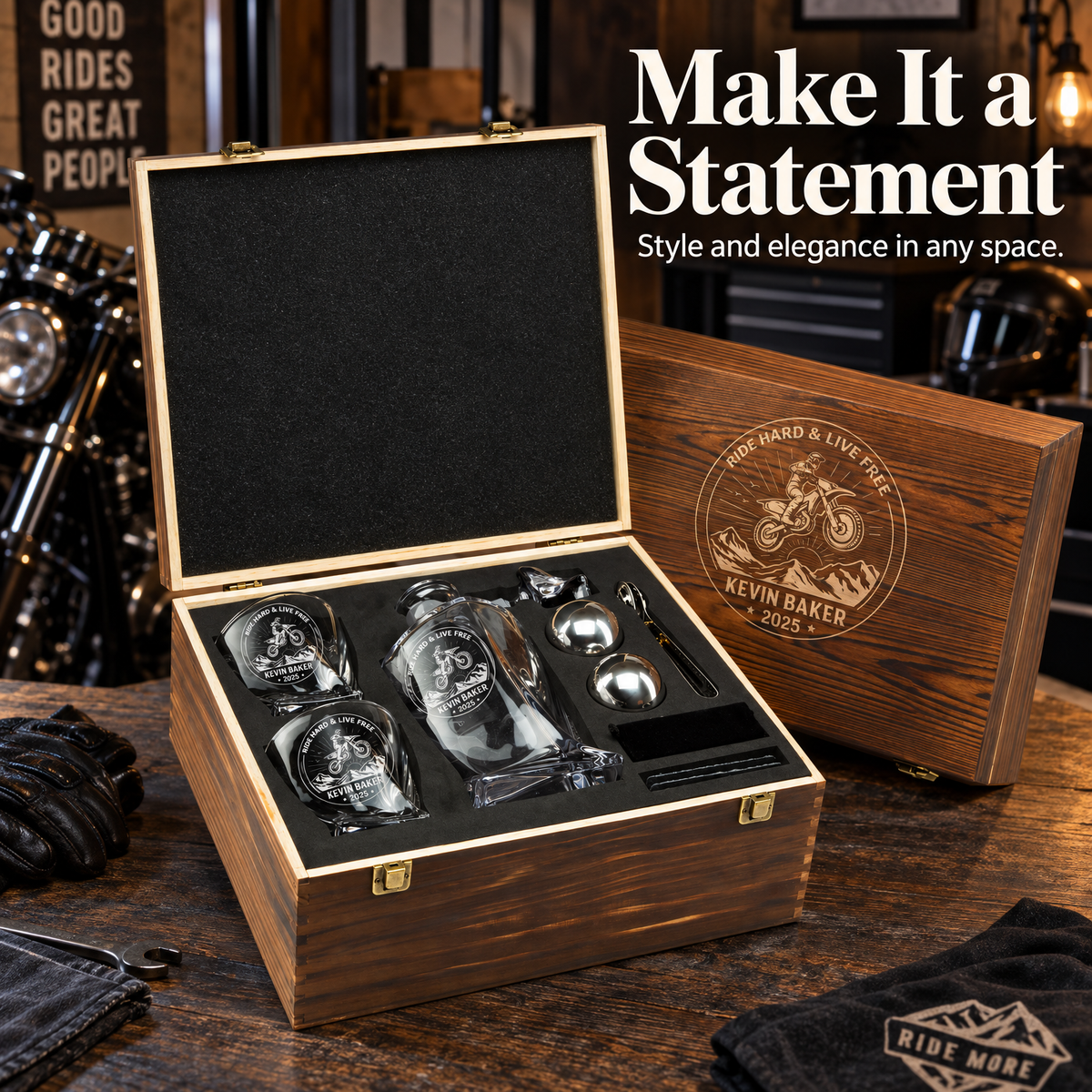 Gift for Car & Motorcycle Enthusiasts – Twisted Decanter Set with 2 Glasses, 2 Whiskey Balls & Wooden Box product image