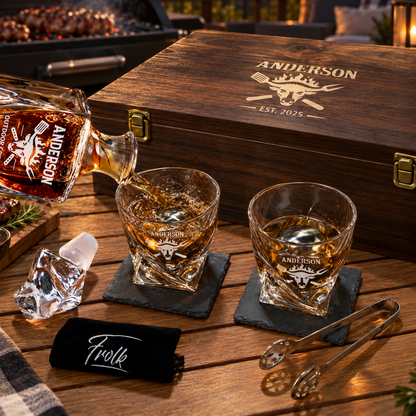 Gift for Grillmasters – Twisted Decanter Set with 2 Glasses, 2 Whiskey Balls & Wooden Box – image 04