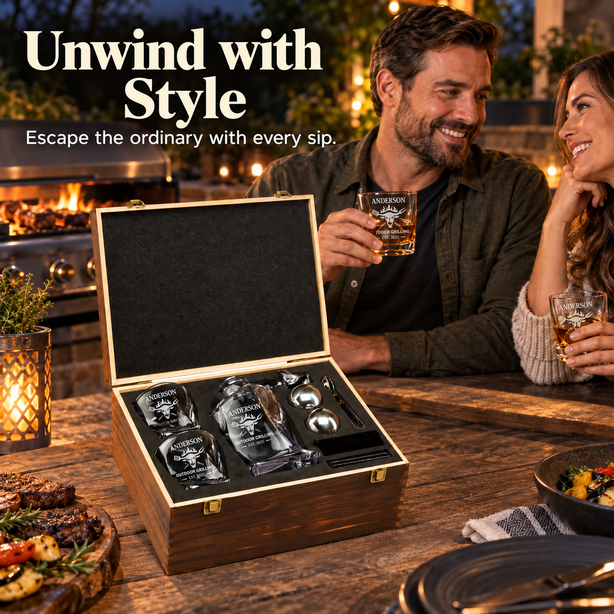 Gift for Grillmasters – Twisted Decanter Set with 2 Glasses, 2 Whiskey Balls & Wooden Box product image