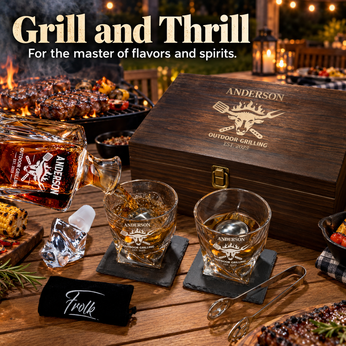 Gift for Grillmasters – Twisted Decanter Set with 2 Glasses, 2 Whiskey Balls & Wooden Box product image