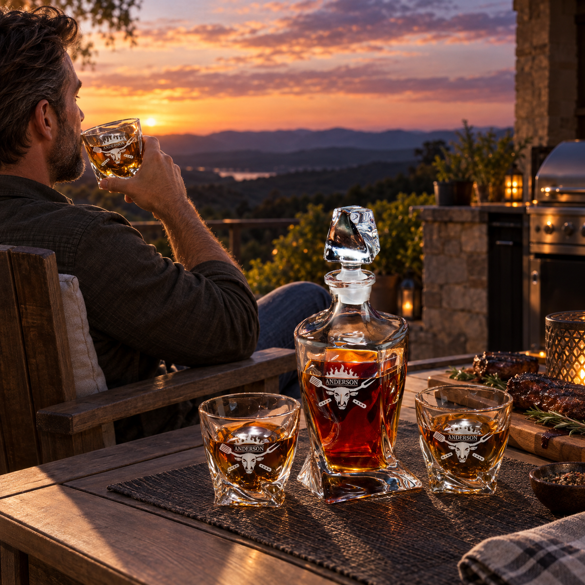 Gift for Grillmasters – Twisted Decanter Set with 2 Glasses, 2 Whiskey Balls & Wooden Box product image