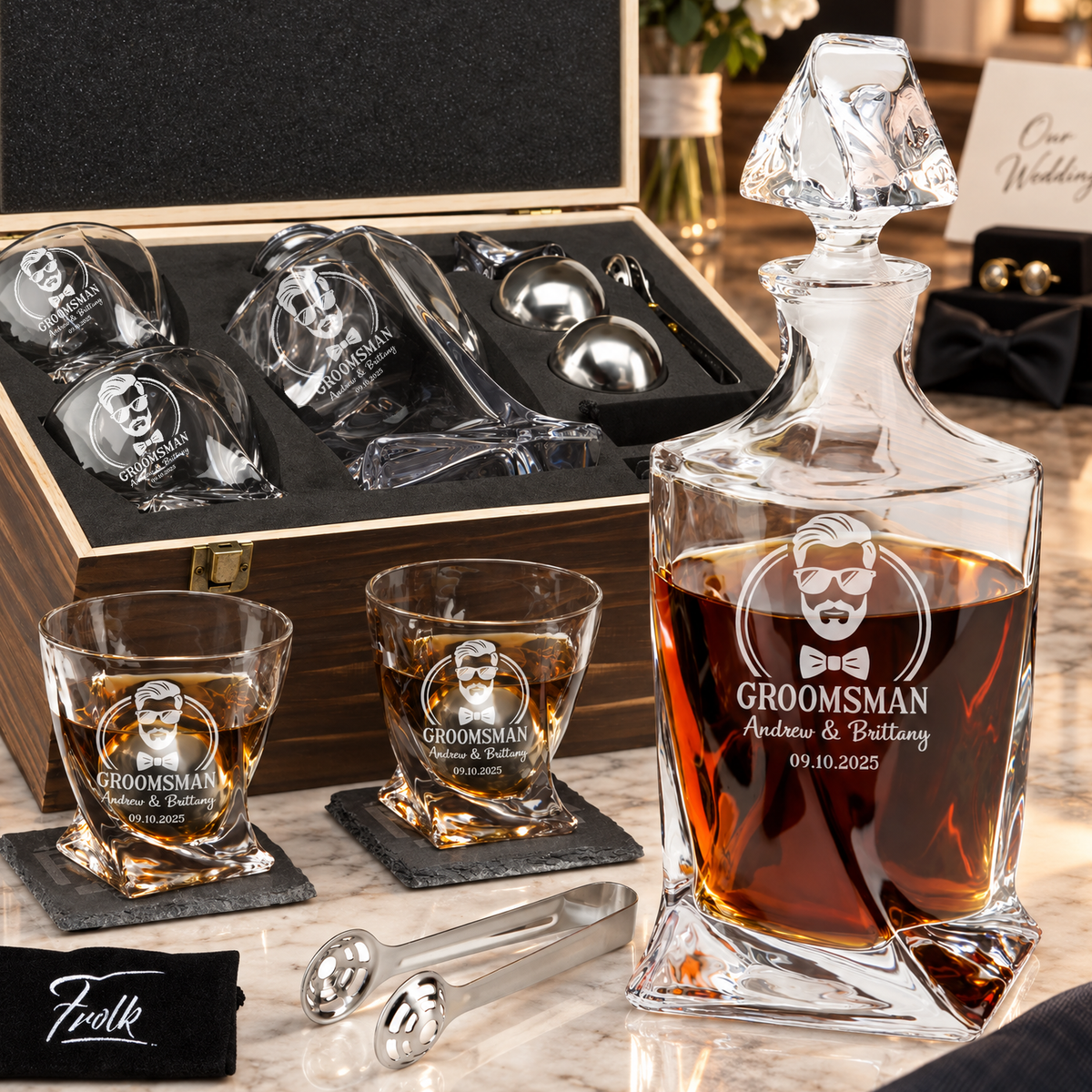 Groomsman Gift – Twisted Decanter Set with 2 Glasses, 2 Whiskey Balls & Wooden Box product image