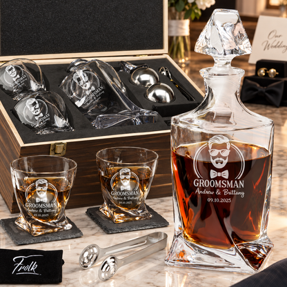 Groomsman Gift – Twisted Decanter Set with 2 Glasses, 2 Whiskey Balls & Wooden Box – image 01