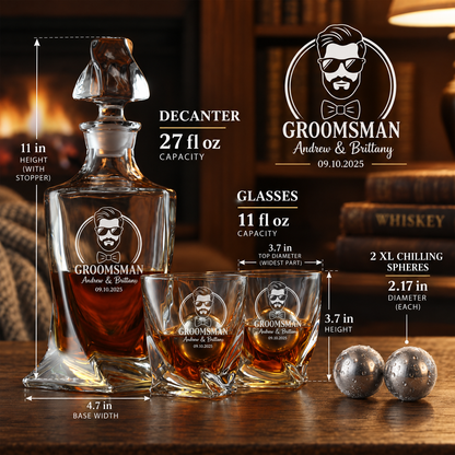 Groomsman Gift – Twisted Decanter Set with 2 Glasses, 2 Whiskey Balls & Wooden Box – image 02