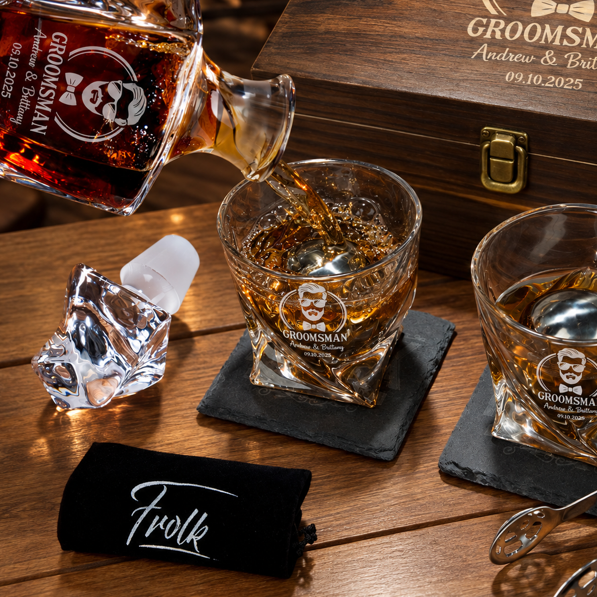 Groomsman Gift – Twisted Decanter Set with 2 Glasses, 2 Whiskey Balls & Wooden Box product image
