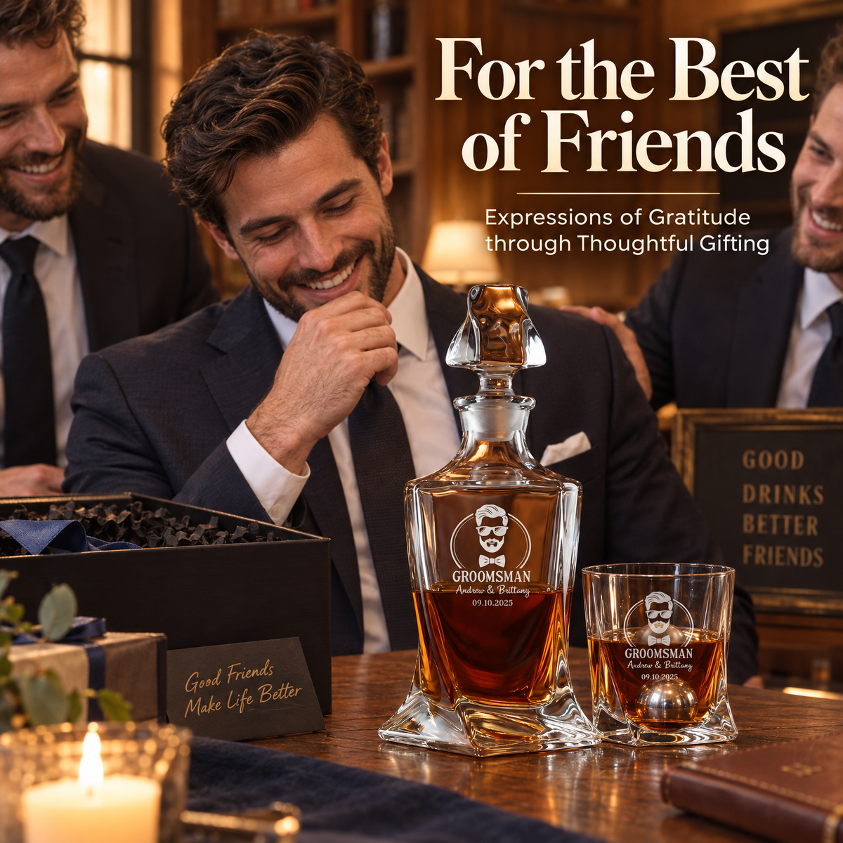 Groomsman Gift – Twisted Decanter Set with 2 Glasses, 2 Whiskey Balls & Wooden Box – image 05
