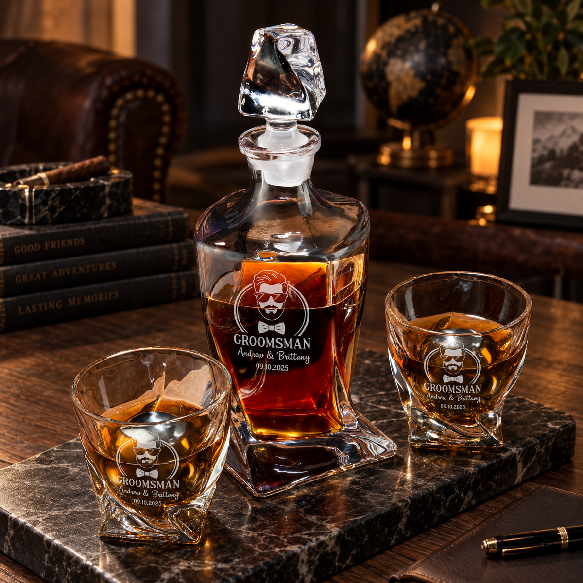 Groomsman Gift – Twisted Decanter Set with 2 Glasses, 2 Whiskey Balls & Wooden Box product image