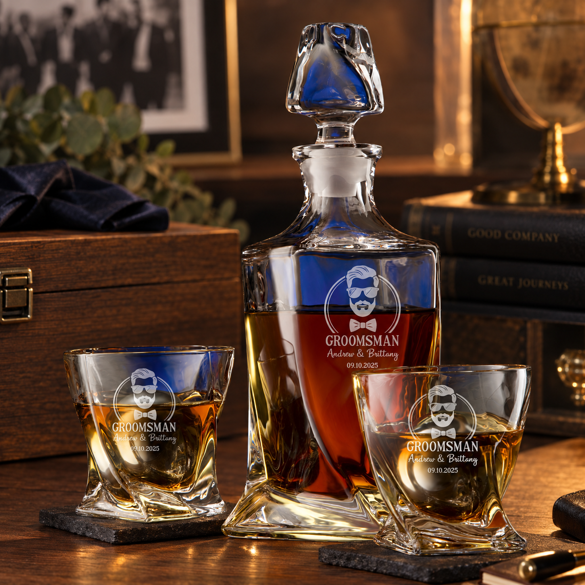 Groomsman Gift – Twisted Decanter Set with 2 Glasses, 2 Whiskey Balls & Wooden Box – image 08