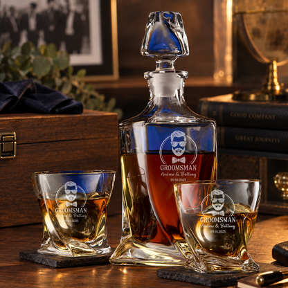 Groomsman Gift – Twisted Decanter Set with 2 Glasses, 2 Whiskey Balls & Wooden Box – image 08