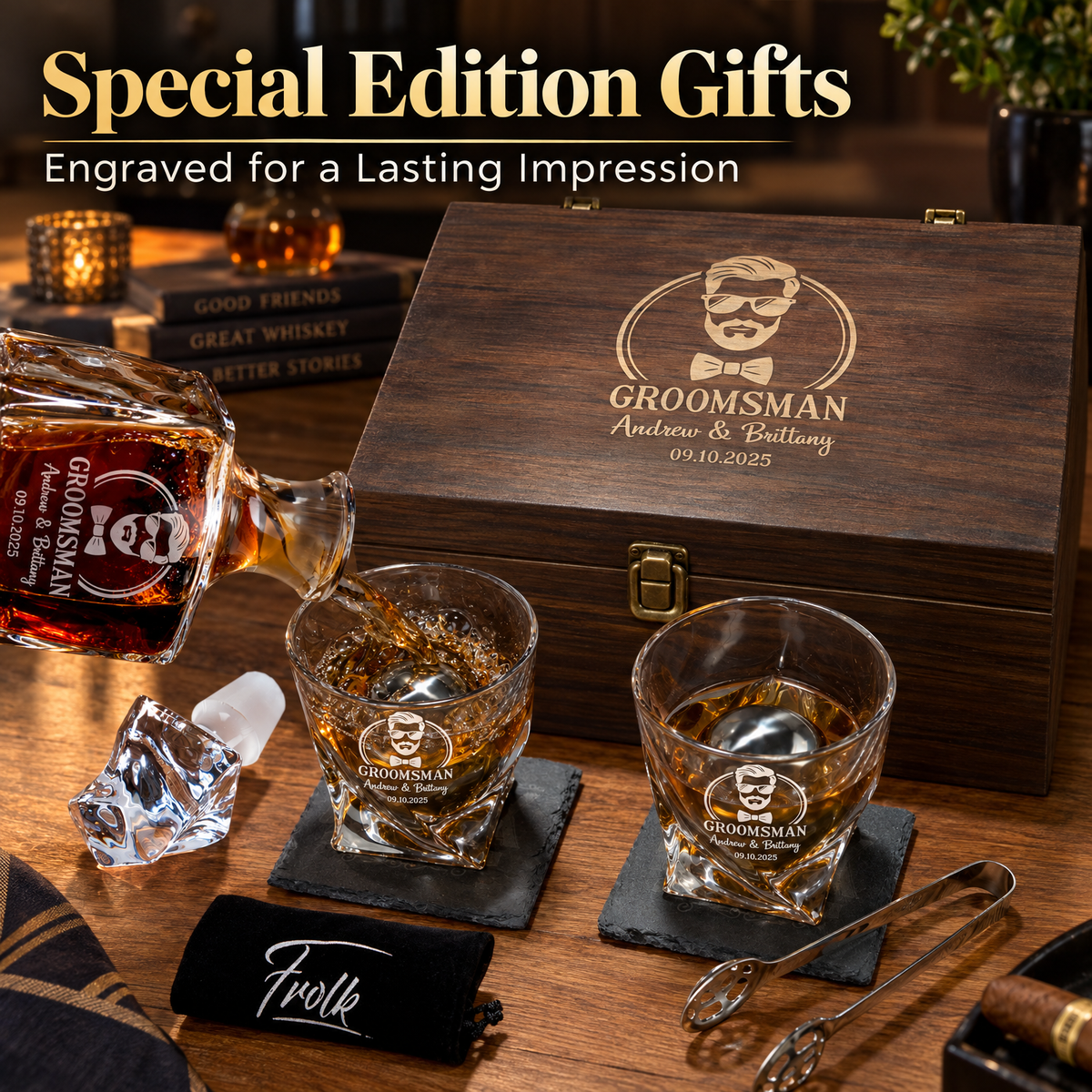 Groomsman Gift – Twisted Decanter Set with 2 Glasses, 2 Whiskey Balls & Wooden Box product image