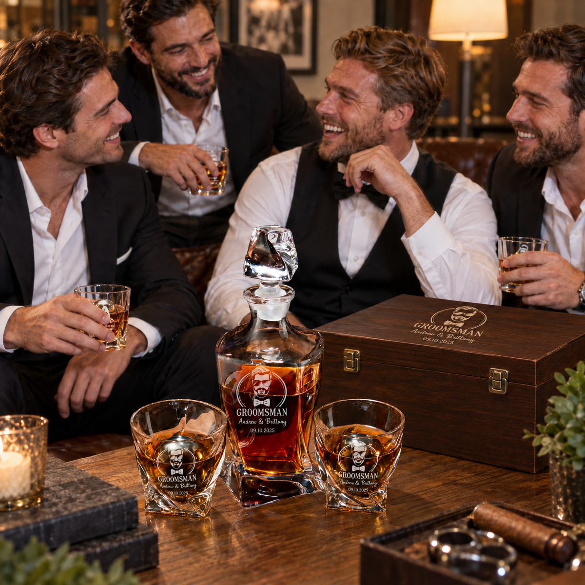 Groomsman Gift – Twisted Decanter Set with 2 Glasses, 2 Whiskey Balls & Wooden Box product image