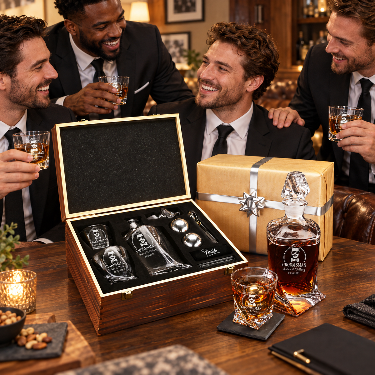 Groomsman Gift – Twisted Decanter Set with 2 Glasses, 2 Whiskey Balls & Wooden Box – image 17