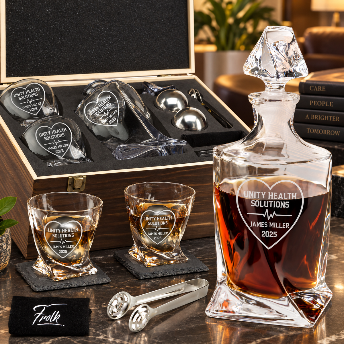 Healthcare Company Gifts – Twisted Decanter Set with 2 Glasses, 2 Whiskey Balls & Wooden Box product image