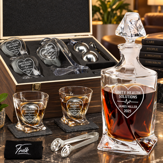 Healthcare Company Gifts – Twisted Decanter Set with 2 Glasses, 2 Whiskey Balls & Wooden Box – image 01