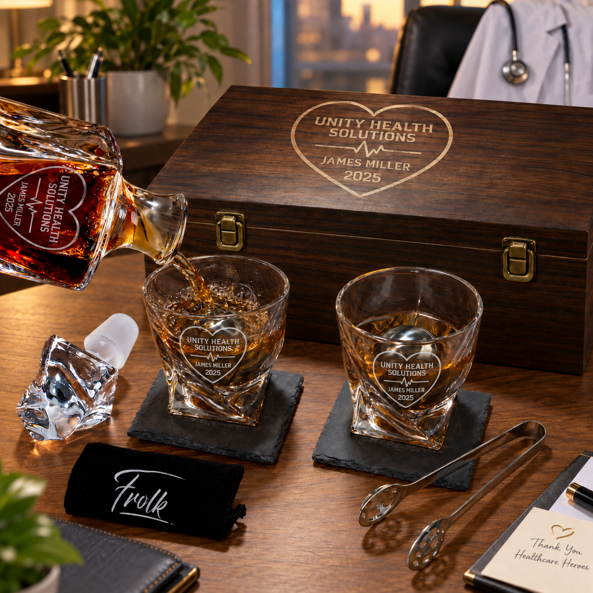 Healthcare Company Gifts – Twisted Decanter Set with 2 Glasses, 2 Whiskey Balls & Wooden Box product image