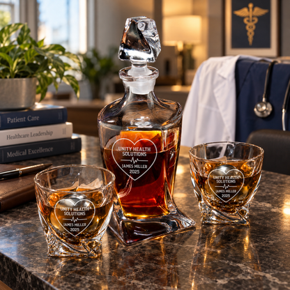 Healthcare Company Gifts – Twisted Decanter Set with 2 Glasses, 2 Whiskey Balls & Wooden Box – image 06