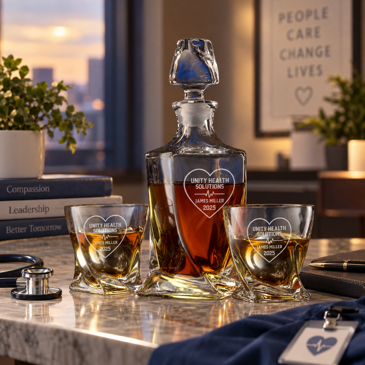 Healthcare Company Gifts – Twisted Decanter Set with 2 Glasses, 2 Whiskey Balls & Wooden Box – image 08