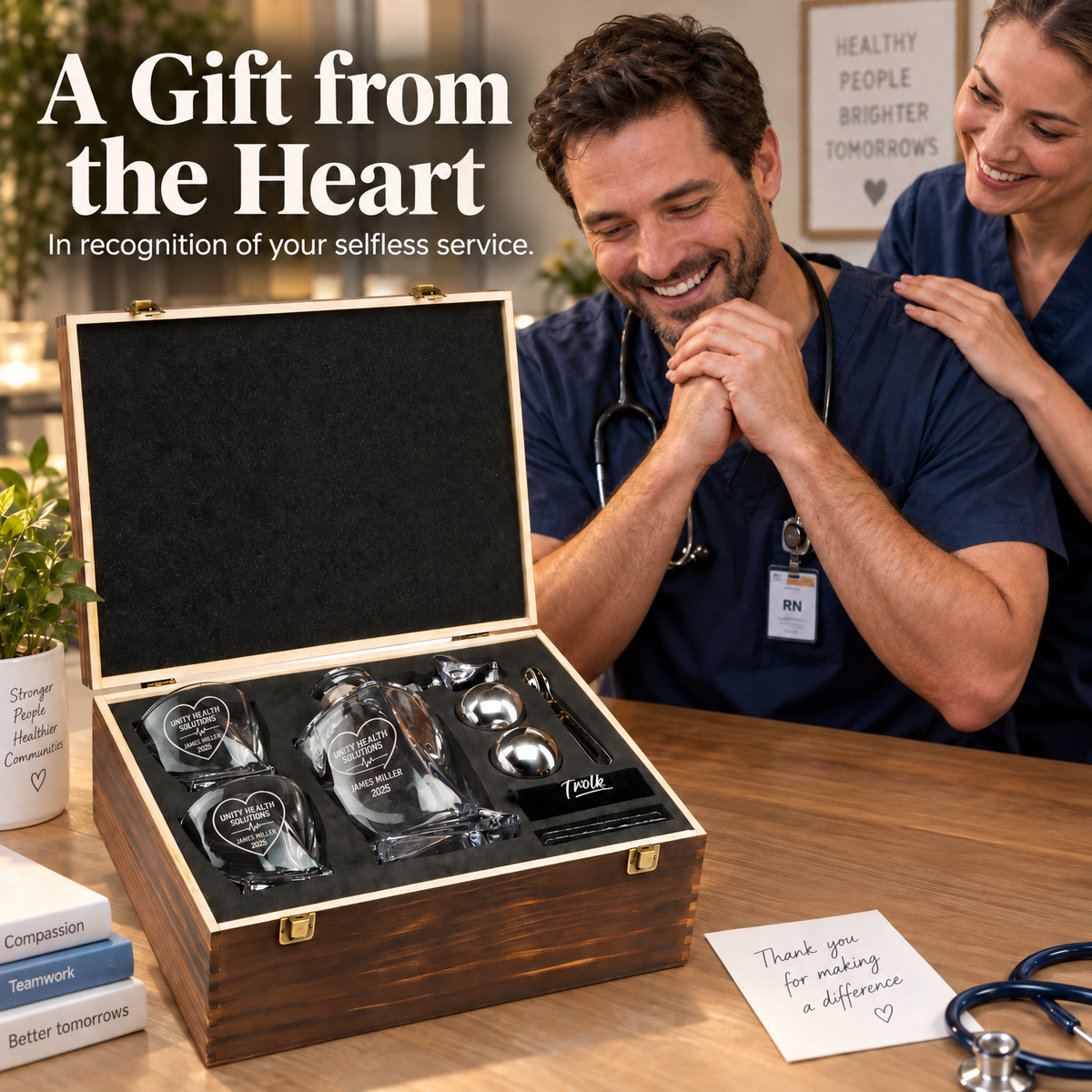 Healthcare Company Gifts – Twisted Decanter Set with 2 Glasses, 2 Whiskey Balls & Wooden Box – image 09