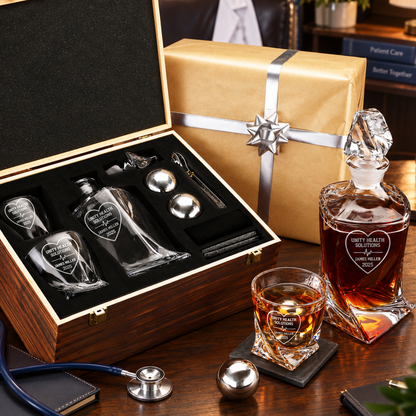 Healthcare Company Gifts – Twisted Decanter Set with 2 Glasses, 2 Whiskey Balls & Wooden Box – image 10