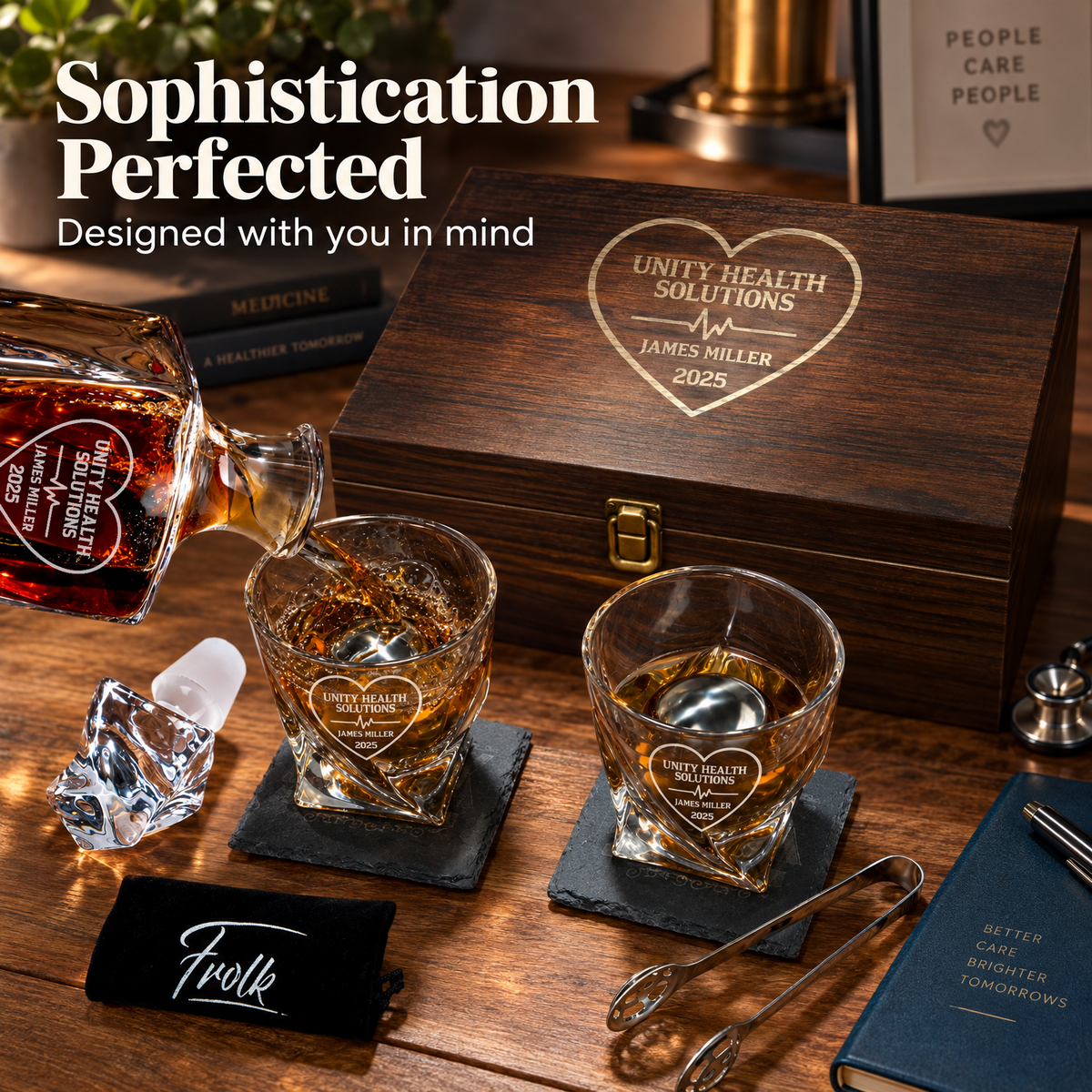 Healthcare Company Gifts – Twisted Decanter Set with 2 Glasses, 2 Whiskey Balls & Wooden Box product image