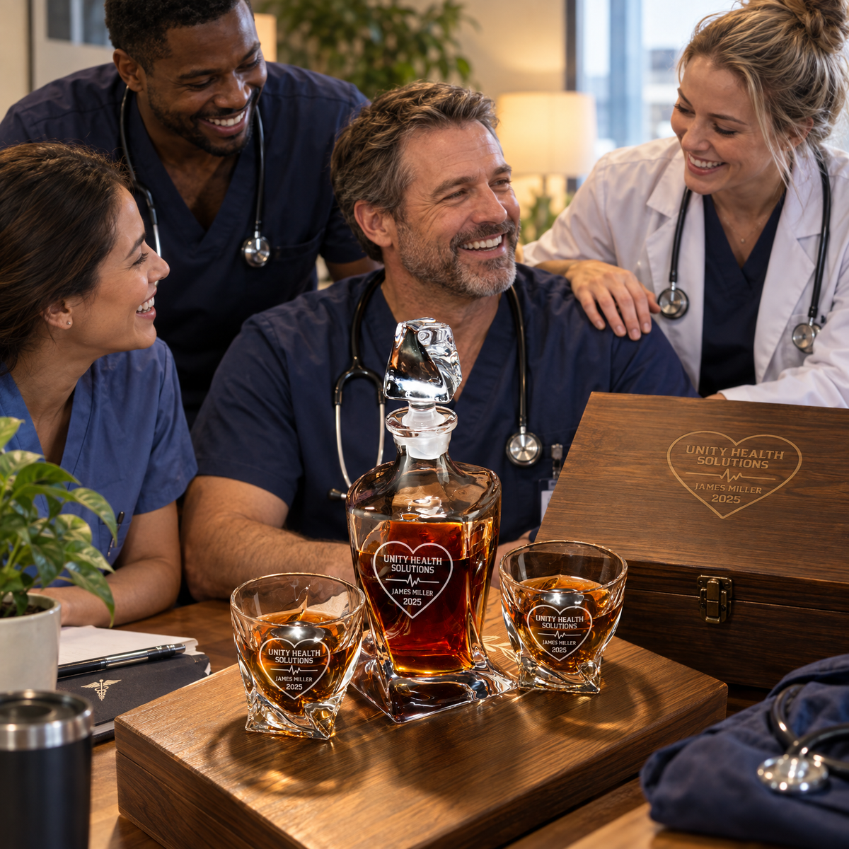 Healthcare Company Gifts – Twisted Decanter Set with 2 Glasses, 2 Whiskey Balls & Wooden Box – image 15