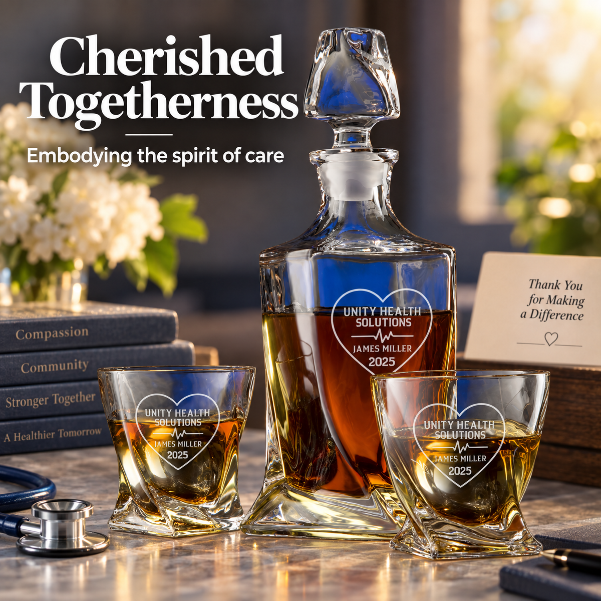 Healthcare Company Gifts – Twisted Decanter Set with 2 Glasses, 2 Whiskey Balls & Wooden Box – image 16