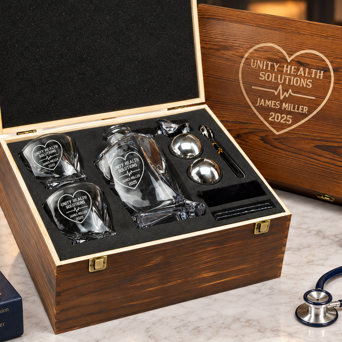 Healthcare Company Gifts – Twisted Decanter Set with 2 Glasses, 2 Whiskey Balls & Wooden Box product image