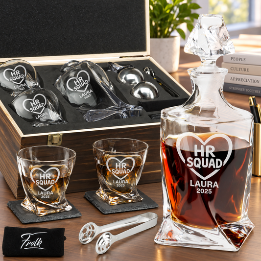 Human Resources Company Gifts – Twisted Decanter Set with 2 Glasses, 2 Whiskey Balls & Wooden Box – image 01
