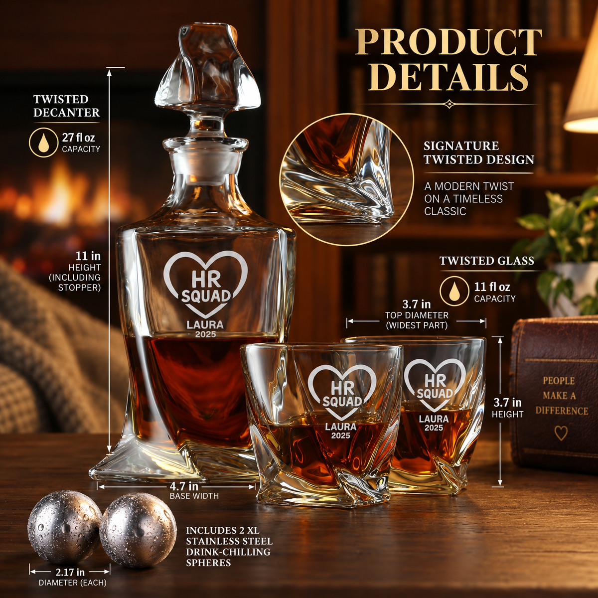 Human Resources Company Gifts – Twisted Decanter Set with 2 Glasses, 2 Whiskey Balls & Wooden Box product image