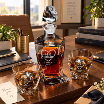 Human Resources Company Gifts – Twisted Decanter Set with 2 Glasses, 2 Whiskey Balls & Wooden Box – image 06