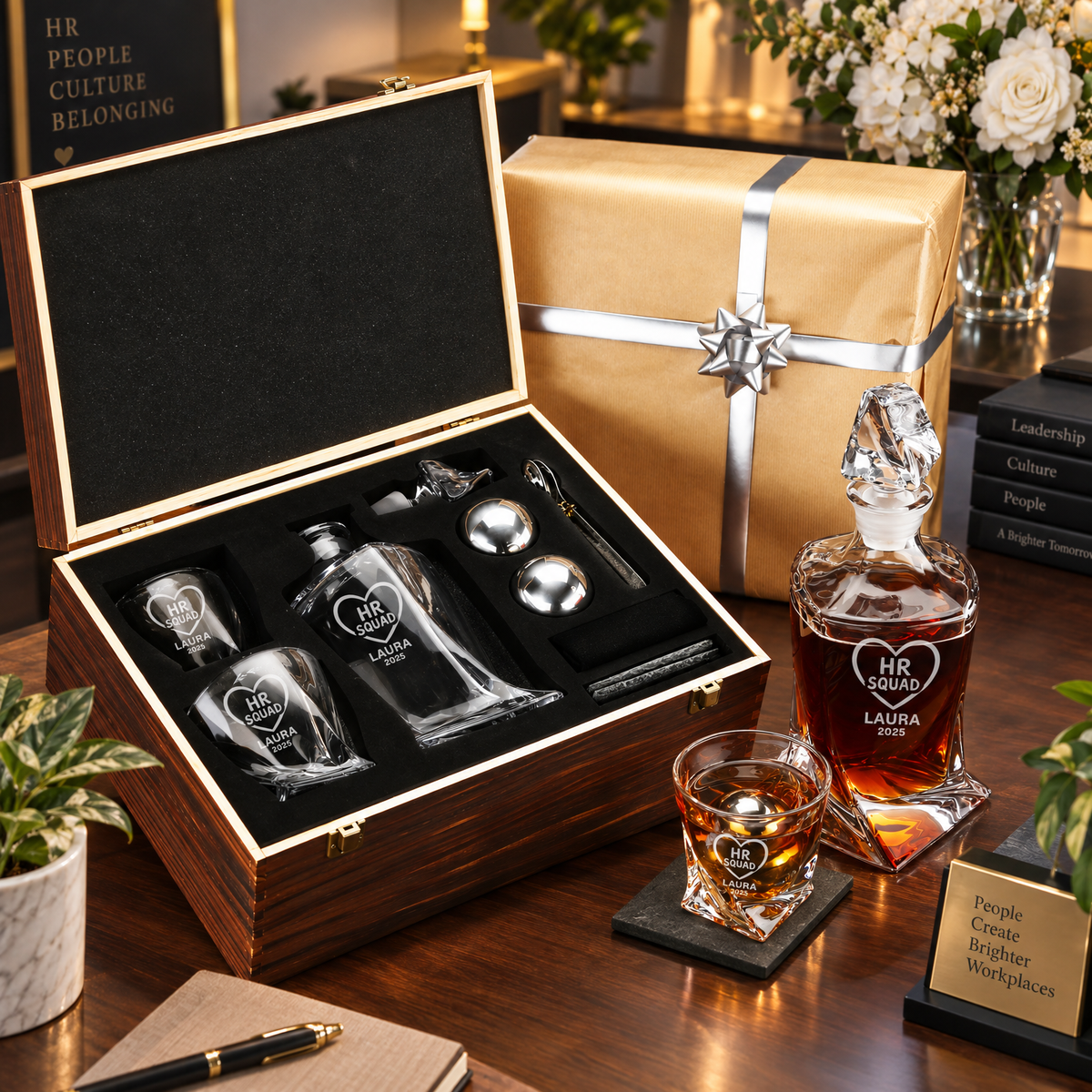 Human Resources Company Gifts – Twisted Decanter Set with 2 Glasses, 2 Whiskey Balls & Wooden Box product image