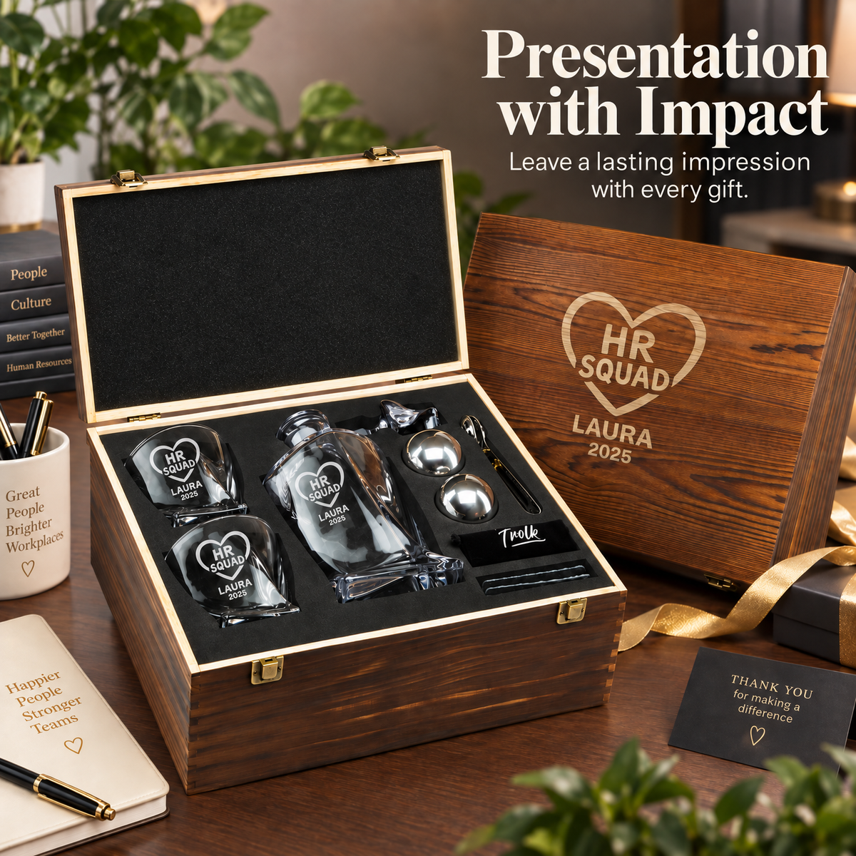 Human Resources Company Gifts – Twisted Decanter Set with 2 Glasses, 2 Whiskey Balls & Wooden Box product image