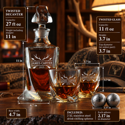 Gift for Hunters – Twisted Decanter Set with 2 Glasses, 2 Whiskey Balls & Wooden Box – image 02