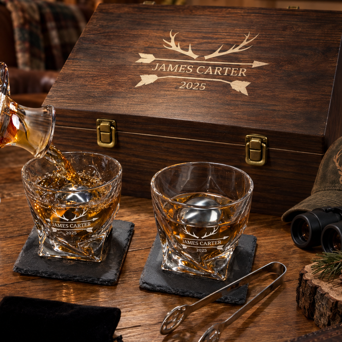 Gift for Hunters – Twisted Decanter Set with 2 Glasses, 2 Whiskey Balls & Wooden Box product image