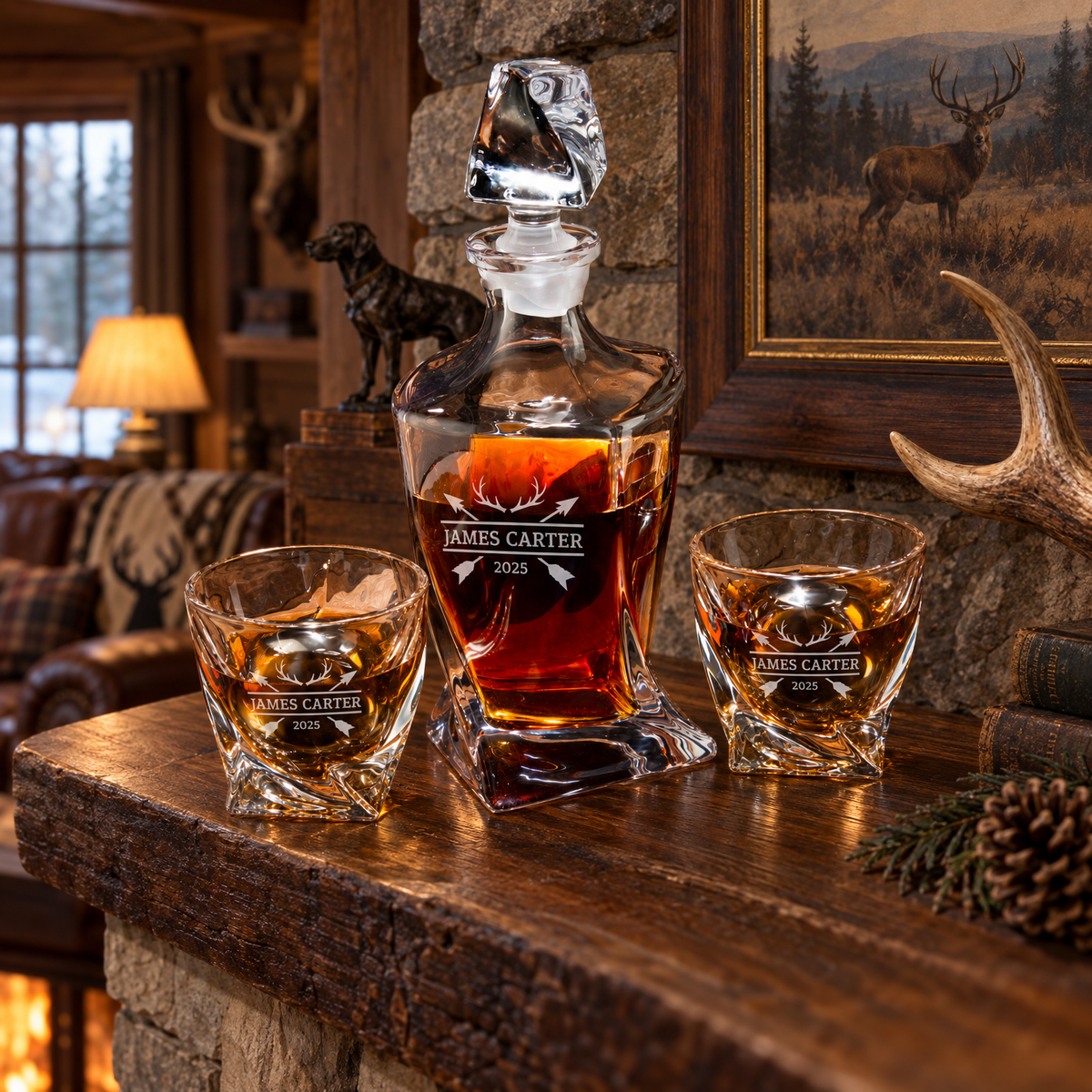Gift for Hunters – Twisted Decanter Set with 2 Glasses, 2 Whiskey Balls & Wooden Box product image