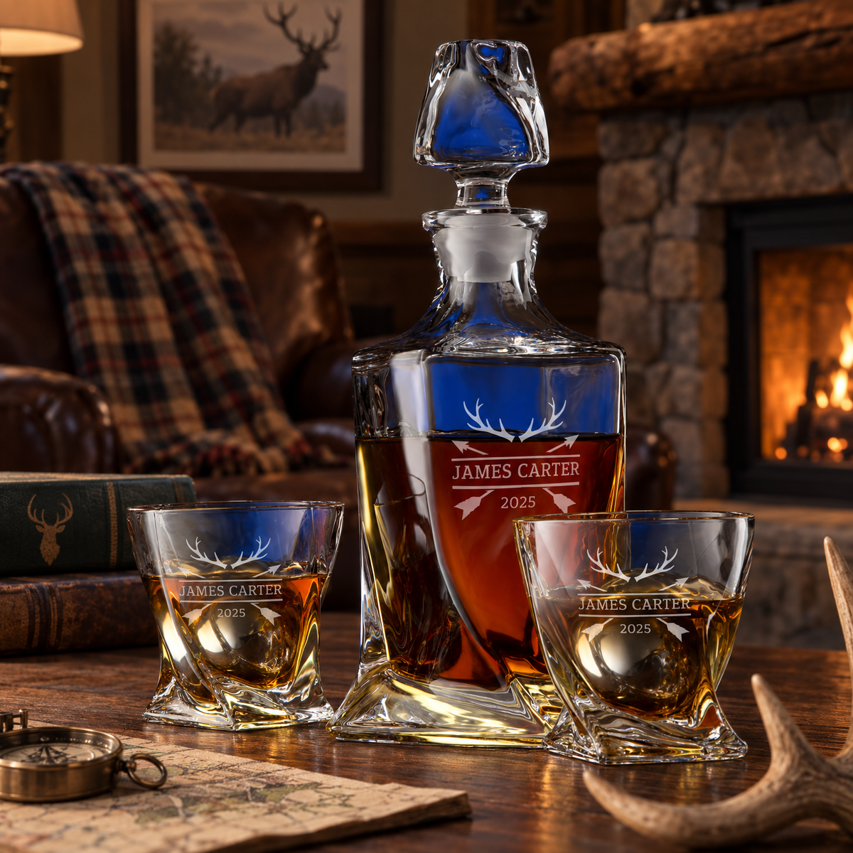 Gift for Hunters – Twisted Decanter Set with 2 Glasses, 2 Whiskey Balls & Wooden Box product image