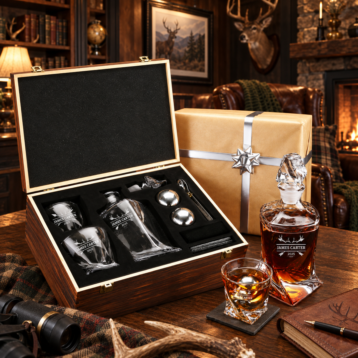 Gift for Hunters – Twisted Decanter Set with 2 Glasses, 2 Whiskey Balls & Wooden Box product image