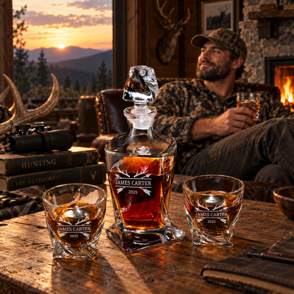 Gift for Hunters – Twisted Decanter Set with 2 Glasses, 2 Whiskey Balls & Wooden Box – image 15