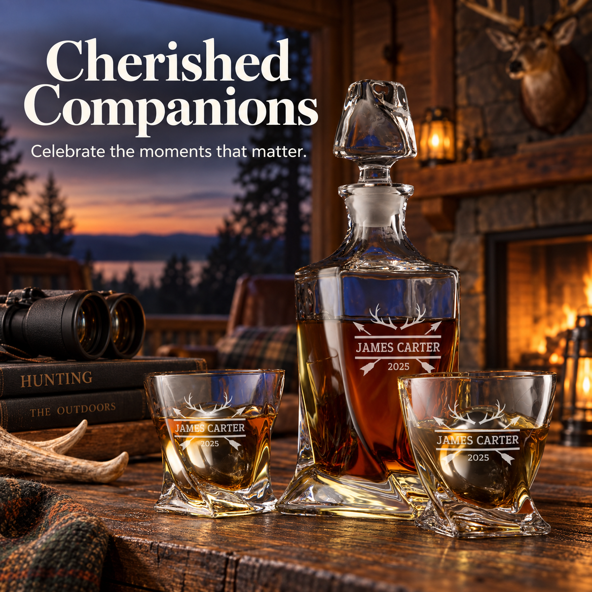 Gift for Hunters – Twisted Decanter Set with 2 Glasses, 2 Whiskey Balls & Wooden Box product image
