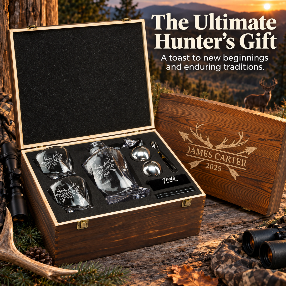 Gift for Hunters – Twisted Decanter Set with 2 Glasses, 2 Whiskey Balls & Wooden Box product image
